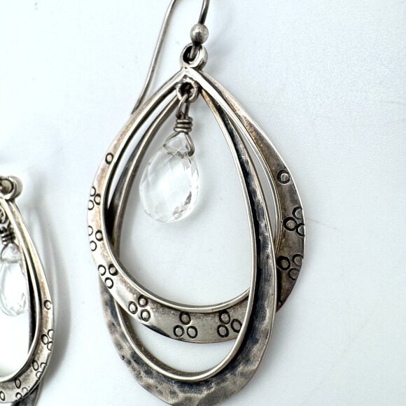 Silpada Sterling Silver Double Hoop Earrings Clear Crystal Dangle Etched Design - Picture 7 of 7